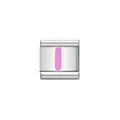 Detailed view of a stainless steel Italian charm link with pink enamel letter I design - Letter I (Y1906) / Silver Base with Pink Letter