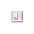 Macro detail of a high-quality stainless steel Italian charm link featuring a pink letter J - Letter J (Y1907) / Silver Base with Pink Letter