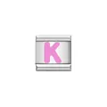 Detailed view of Italian charm link featuring a pink enamel letter K - Letter K (Y1908) / Silver Base with Pink Letter