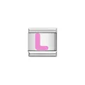 Close-up detail of a silver modular Italian charm link featuring a pink letter L design. - Letter L (Y1909) / Silver Base with Pink Letter