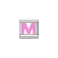 Detailed close-up of pink enamel letter M on a silver Italian charm bracelet link. - Letter M (Y1910) / Silver Base with Pink Letter