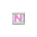 Close-up detail of a pink enameled letter N Italian charm link for DIY charm bracelet - Letter N (Y1911) / Silver Base with Pink Letter