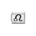 Close-up detail of a silver stainless steel modular charm with a black Leo zodiac sign - Leo Symbol (Y2043) / Silver Black