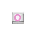 Detailed macro view of Italian charm module with pink letter O on stainless steel - Letter O (Y1912) / Silver Base with Pink Letter