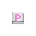 Macro view of a stainless steel Italian charm link featuring a pink bubble letter P - Letter P (Y1913) / Silver Base with Pink Letter