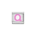 Detailed macro view of a stainless steel Italian charm with a pink enameled letter Q. - Letter Q (Y1914) / Silver Base with Pink Letter