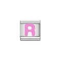 Detailed close-up view of a modular Italian charm bracelet link with a pink enamel letter R. - Letter R (Y1915) / Silver Base with Pink Letter