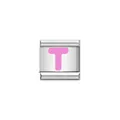 Detailed view of a stainless steel Italian charm bracelet link with a pink letter T - Letter T (Y1917) / Silver Base with Pink Letter