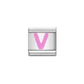 Detailed macro view of a silver stainless steel modular charm with pink letter V engraving - Letter V (Y1919) / Silver Base with Pink Letter