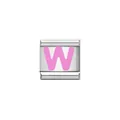 Detailed macro shot of a polished silver Italian charm link featuring a pink letter W - Letter W (Y1920) / Silver Base with Pink Letter