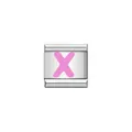 Macro view of a stainless steel Italian bracelet charm featuring a pink letter X. - Letter X (Y1921) / Silver Base with Pink Letter