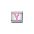 Detailed view of a silver stainless steel Italian charm link with a pink enamel letter Y - Letter Y (Y1922) / Silver Base with Pink Letter