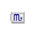 Detail view of Scorpio zodiac charm link in blue and white on stainless steel base. - Scorpio Symbol (Y2058) / Silver And Blue