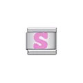 Silver stainless steel Italian charms modular bracelet link featuring a pink letter S - Letter S (Y1916) / Silver Base with Pink Letter