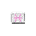 Vista dettagliata del charm zodiacale Pesci rosa per bracciale modulare in acciaio. - Pisces / Rosa (Y2062)