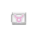 Detailed macro shot of a pink Taurus zodiac symbol on a modular stainless steel charm link - Taurus Symbol (Y2064) / Silver Pink