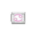 Close-up of a pink enamel Cancer zodiac symbol on a stainless steel modular charm link - Cancer Symbol (Y2066) / Silver Pink