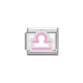 Detail view of pink Libra zodiac symbol on a polished stainless steel Italian charm - Libra Symbol (Y2069) / Silver Pink