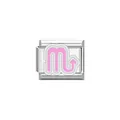 Detailed close-up of a pink Scorpio zodiac sign charm on a stainless steel Italian link - Scorpio Symbol (Y2070) / Pink and Silver