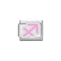 Detailed macro view of a stainless steel modular charm with a pink Sagittarius zodiac sign - Sagittarius Symbol (Y2071) / Pink and Silver