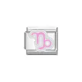 Detailed macro view of a stainless steel Capricorn zodiac charm with pink enamel. - Capricorn Symbol (Y2072) / Pink and Silver