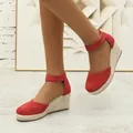 Stylish red suede closed-toe wedge espadrille sandals with adjustable ankle strap - 38 / Red