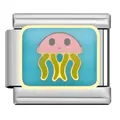 Detailed view of pink and yellow cartoon jellyfish Italian charm on blue enamel base - Cartoon Jellyfish / Steel
