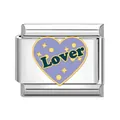 Detailansicht italienischer Edelstahl-Charm-Link mit lila Emaille-Herz Lover Motiv - Liebhaber Herz Muster (AX02)