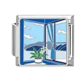 Detailansicht eines italienischen Charms aus Edelstahl mit blauem Fenster-Emaille-Design. - Fensteraussicht Muster (HK02)