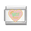 Detailed view of pink heart enamel charm with YES Weekend text on stainless steel base - Yes Weekend Heart Pattern (AX04)