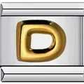 Detaillierte Nahaufnahme eines Edelstahl-Moduls mit einem goldfarbenem Buchstaben D - Buchstabe D(D04)