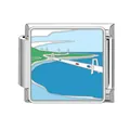 Detailed view of a stainless steel Italian modular charm with enamel bridge landscape. - Seaside Bridge Pattern (HK04)