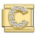 Macro view of gold stainless steel modular charm link with crystal-encrusted letter C - Letter C Charm (C03)