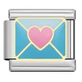Close-up of stainless steel Italian charm link featuring pink heart on blue envelope - Heart Envelope (AX04)