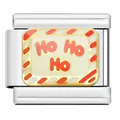 Close-up detail of Christmas themed Italian charm with festive Ho Ho Ho text in enamel - Ho Ho Ho Christmas Link (YW04)