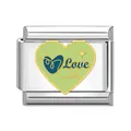 Italian link charm module with a green enamel heart and Love script in stainless steel - Light Green Love Heart Pattern (AX05)