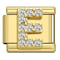 Gold stainless steel modular Italian link charm featuring a crystal-studded letter E design. - Letter E Charm (E05)