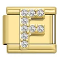 Gold stainless steel modular bracelet charm featuring a rhinestone-pave letter F design. - Letter F Charm (F06)