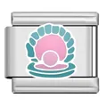 Close-up of a stainless steel Italian charm featuring a teal and pink shell with a pearl - Pearl Shell Pattern Link (HY03)
