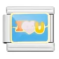 Stainless steel Italian charm link with blue I Love You heart design - I Love U Link (YW05)