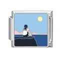 Customizable Italian modular bracelet charm with artistic sea and moon enamel illustration - Girl Under the Moon Pattern (HK09)