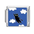 Modular stainless steel Italian charm jewelry link with flying black cat on blue sky background - Blue Sky Black Cat Pattern (HK10)