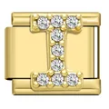 Gold stainless steel modular charm for DIY bracelets featuring a rhinestone letter I - Letter I Charm (I09)