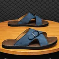 Men's blue cross-strap sandals with decorative buckle and textured sole - 38 / Blue