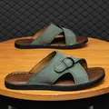 Men's green suede crossover slide sandals with buckle and brown textured footbed - 38 / Green