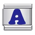 Detail eines italienischen Armband-Links mit blauem Buchstaben A auf Edelstahlbasis - Buchstabe A / Blaue Buchstaben