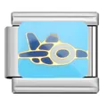 Nahaufnahme eines italienischen Charm-Glieds mit blauem Emaille-Flugzeug aus Edelstahl - Flugzeug Muster (ZJ02) / Stahlfarben