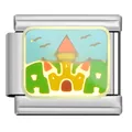 Detailansicht des Edelstahl-Italien-Charm-Links mit Burglandschaft für DIY-Armband - Bunte Schlosslandschaft (FZ01)
