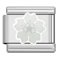 Nahaufnahme eines italienischen Charm-Links in Silber mit weißem Kirschblütendesign - Weiße Kirschblüte Link (HB01)