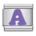 Detailed view of a stainless steel Italian charm with a purple enamel letter A initial - Letter A (Y118) / Purple (Silver Base)